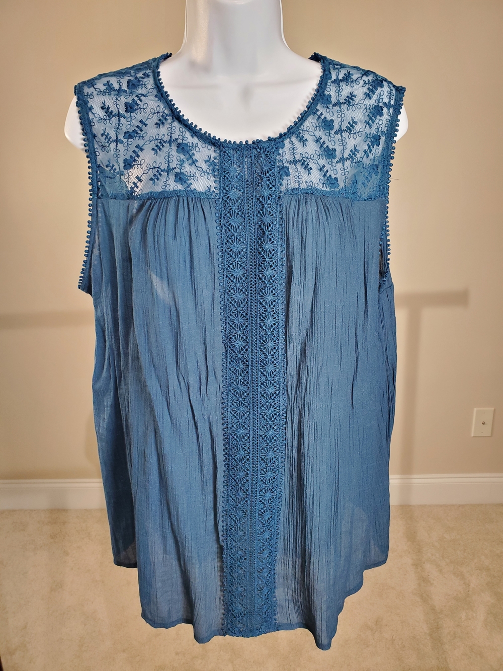 Zac & Rachel Blue Lace Tank Top Boho Crochet Blouse XL